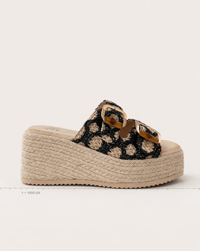 Heritage Buckle Raffia Wedge Mule – Black & Natural