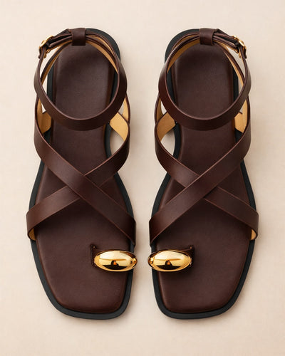 Cross Strap Flat Sandal – Gold Accent Brown