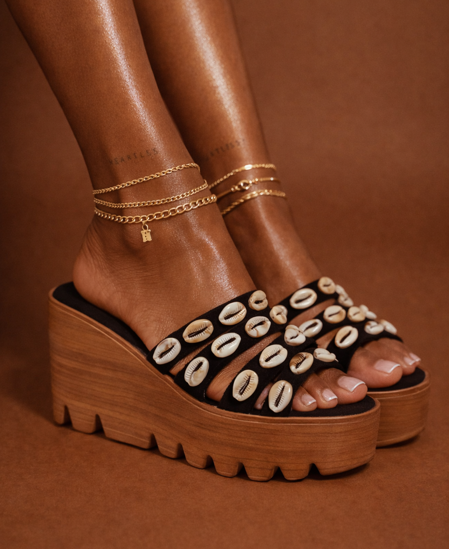 Boho Shell Platform Wedge – Black & Wood