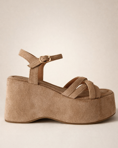 Sandalia de plataforma camel de ante con múltiples tiras