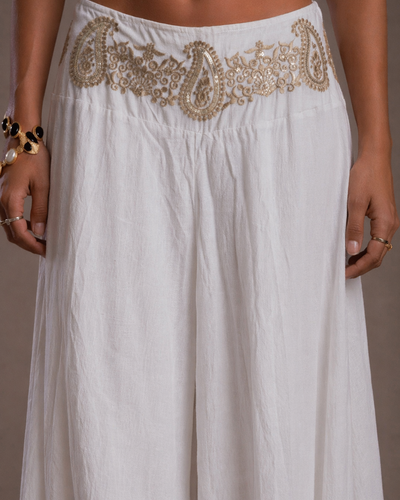 Pantalones de lino con estampado cachemir dorado – Exclusivo
