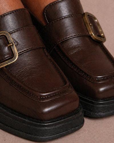 Square Toe Chunky Buckle Loafers – Chocolate Brown