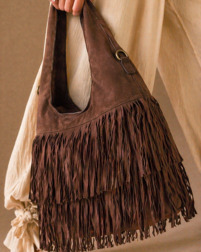 Bolso de hombro con flecos boho, color café