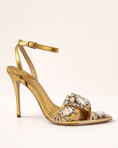 Zapatos nude de tacón con cadena – Crystal Glow