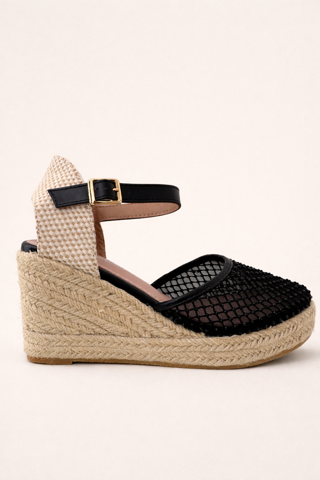 Black Mesh Wedge Espadrille – Raffia Contrast