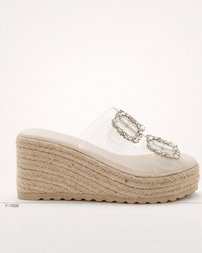 Crystal Clear Raffia Wedge Mule – Nude