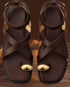 Cross Strap Flat Sandal – Gold Accent Brown