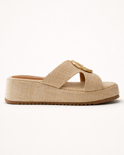 Golden Emblem Raffia Platform Mule – Natural Sand