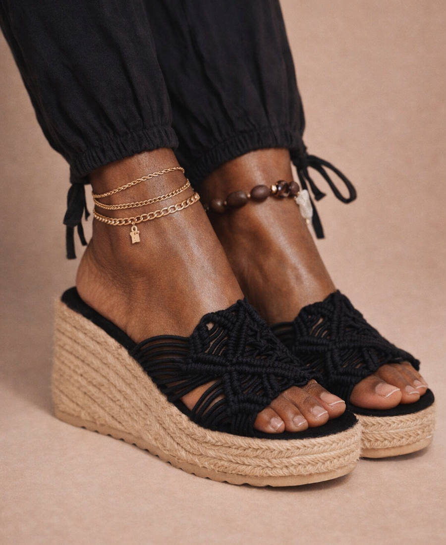 Midnight Macramé Wedge Mule – Black Natural