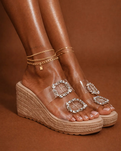 Crystal Clear Raffia Wedge Mule – Nude