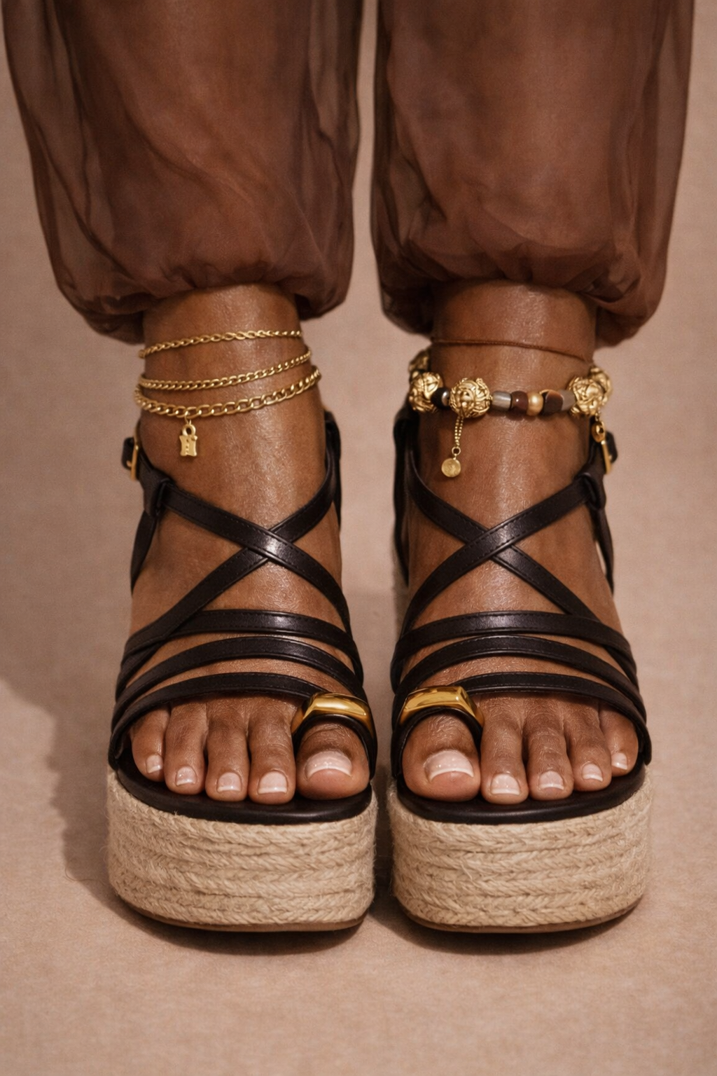 Natural Wedge Sandal — Black Riviera