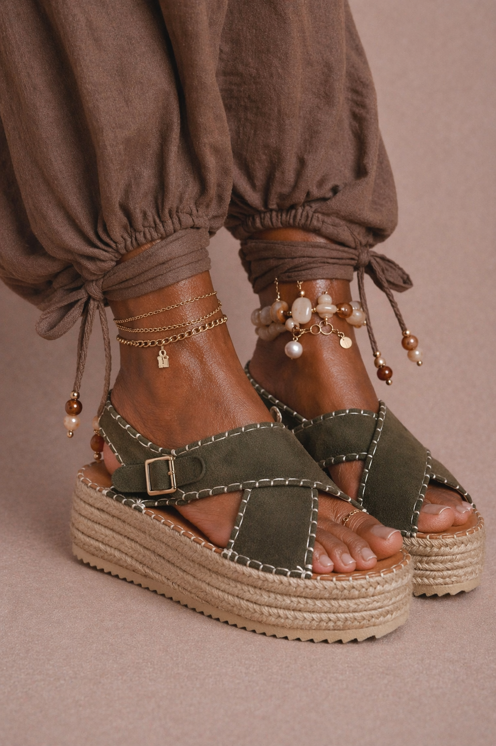 Boho Stitch Platform Sandal – Olive