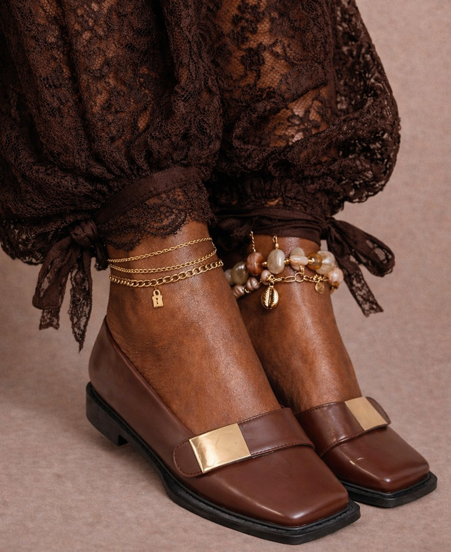Square Toe Leather Loafers – Gold Detail