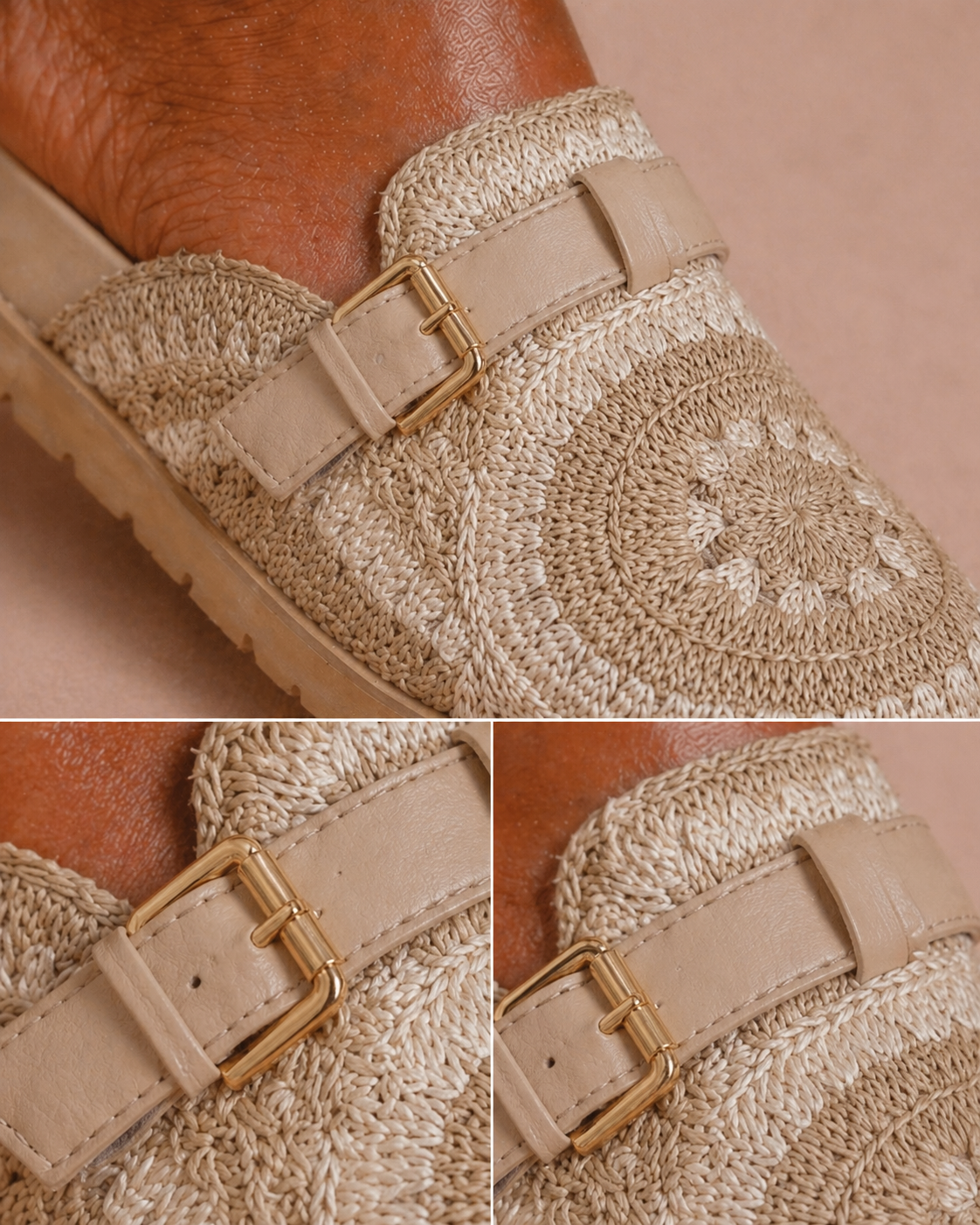 Mule Crochet Beige Gold Buckle