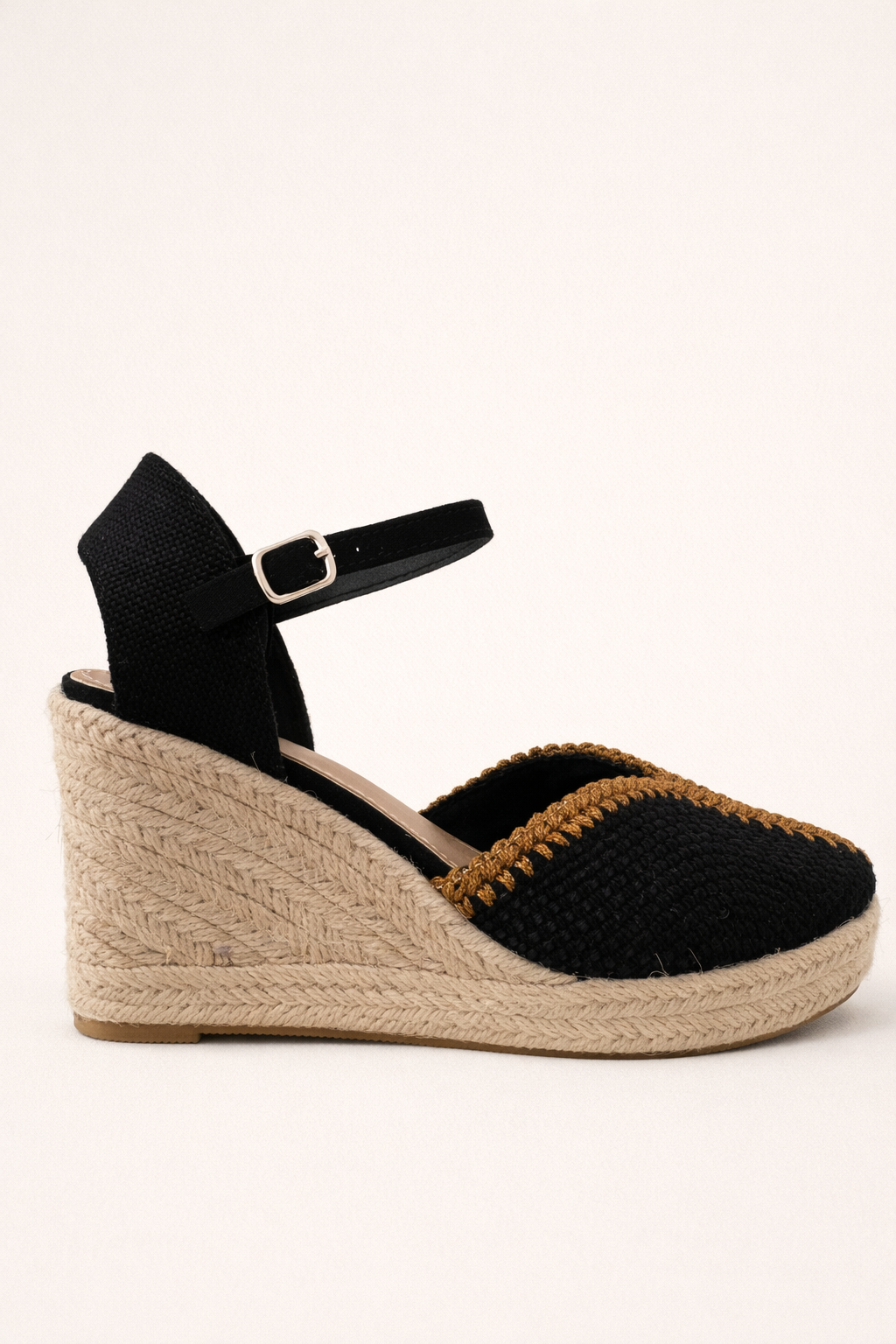 Black Raffia Wedge Espadrille – Gold Trim