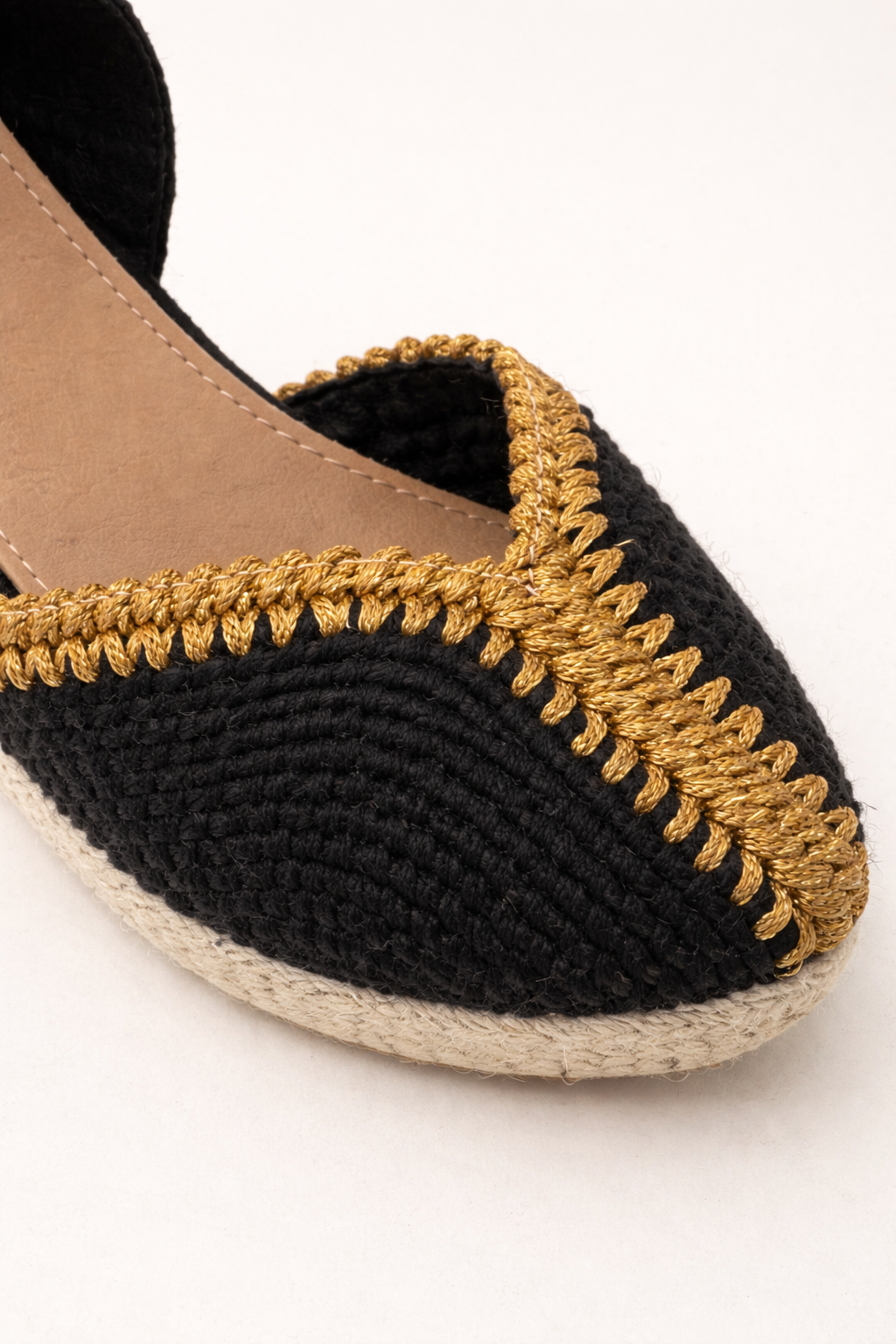 Black Raffia Wedge Espadrille – Gold Trim