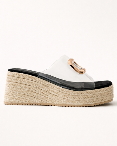 Transparent Buckle Espadrille Wedge – Black & Gold