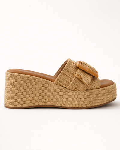 Desert Buckle Raffia Platform Mule – Natural Beige