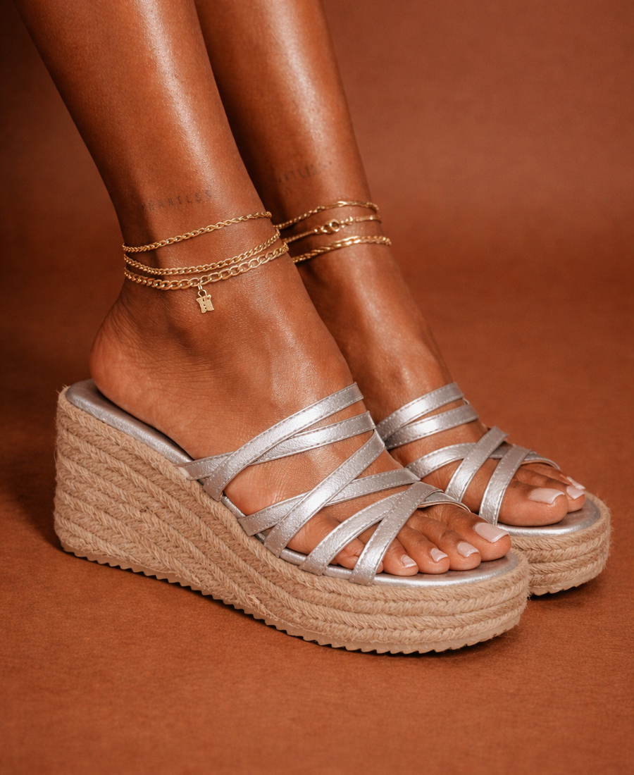 Metallic Strap Espadrille Platform – Silver