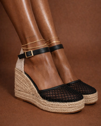 Black Mesh Wedge Espadrille – Raffia Contrast