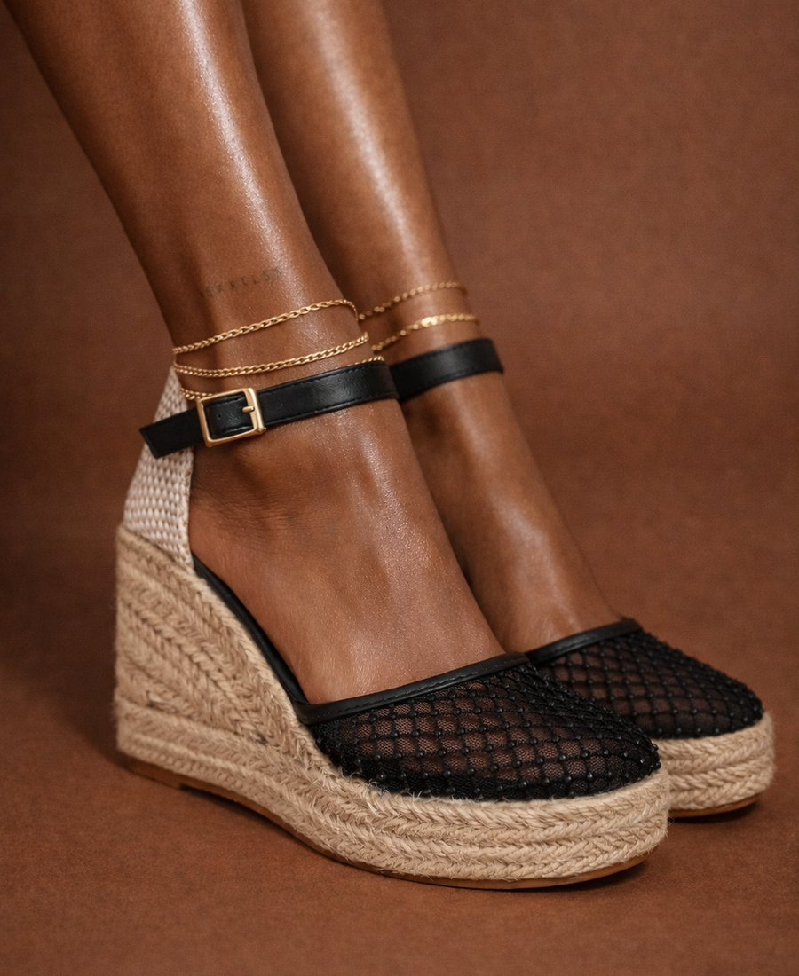 Black Mesh Wedge Espadrille – Raffia Contrast